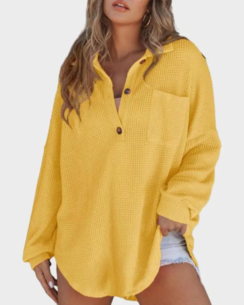 Relaxed Fit Long Sleeve Waffle Knit Button-Up Shirt