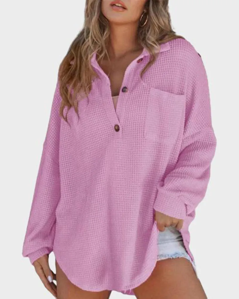 Relaxed Fit Long Sleeve Waffle Knit Button-Up Shirt