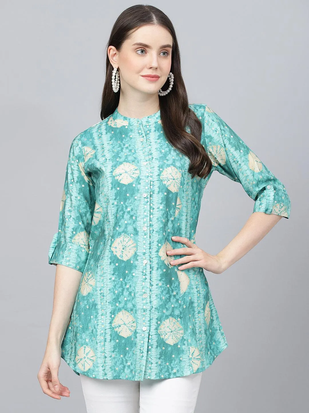 Sea Green Abstract Printed Modal A-Line Shirts Style Top