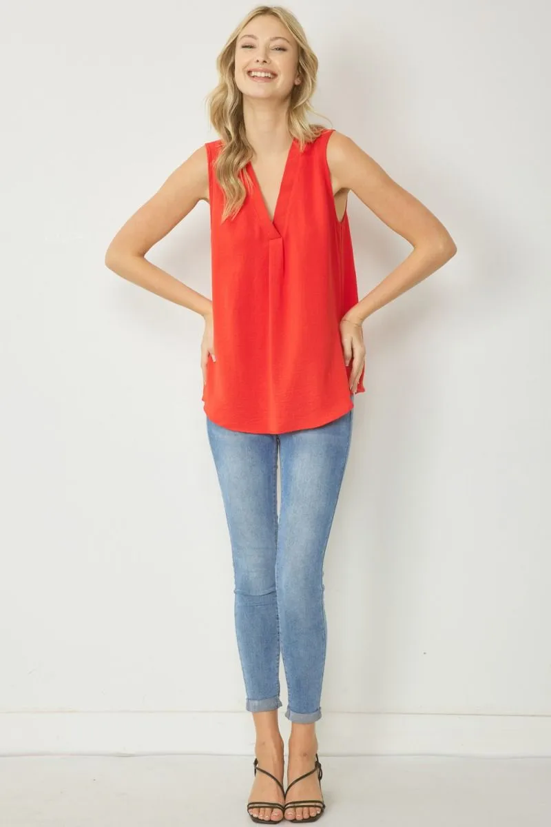 Sleeveless V-Neck Top, Red