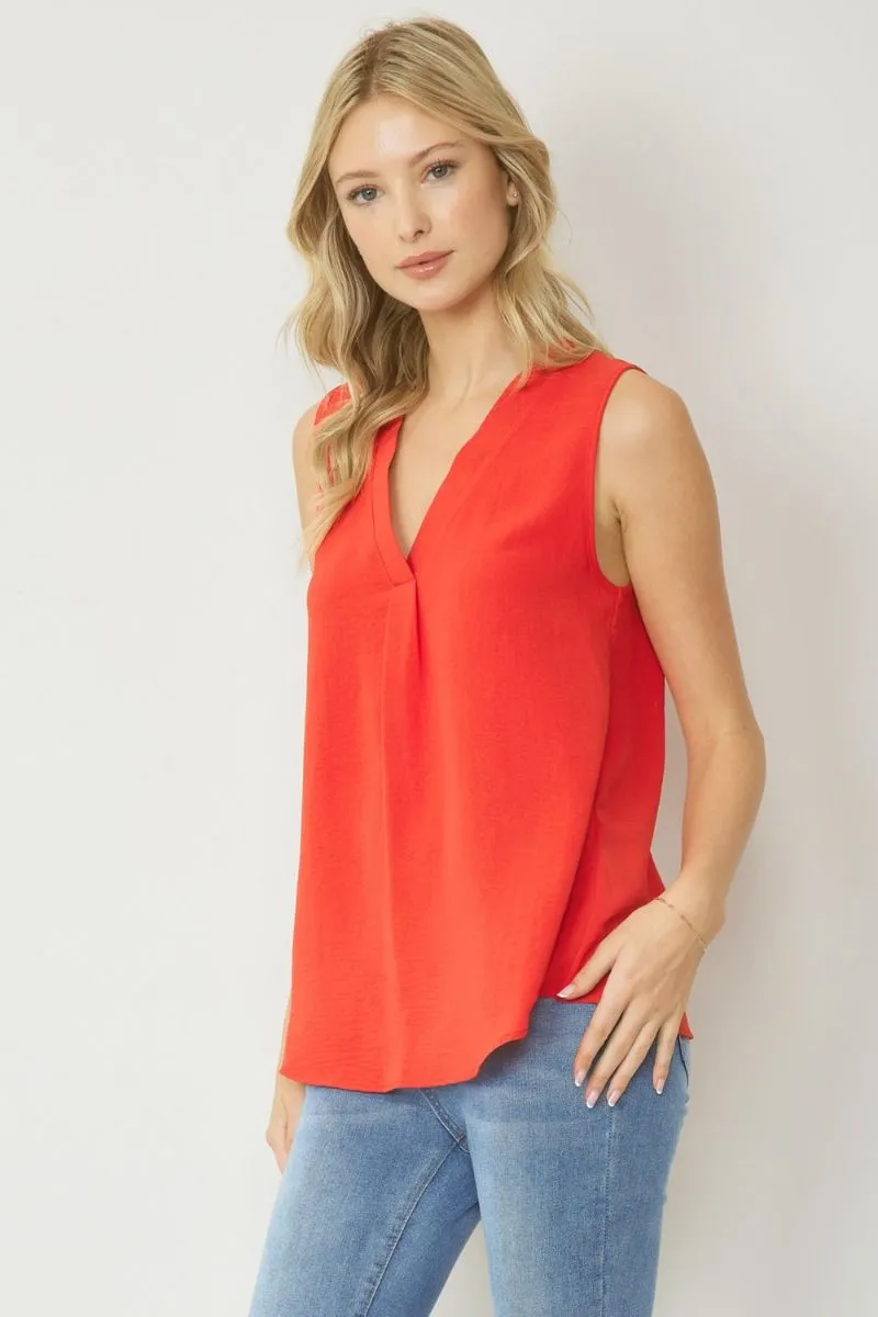 Sleeveless V-Neck Top, Red