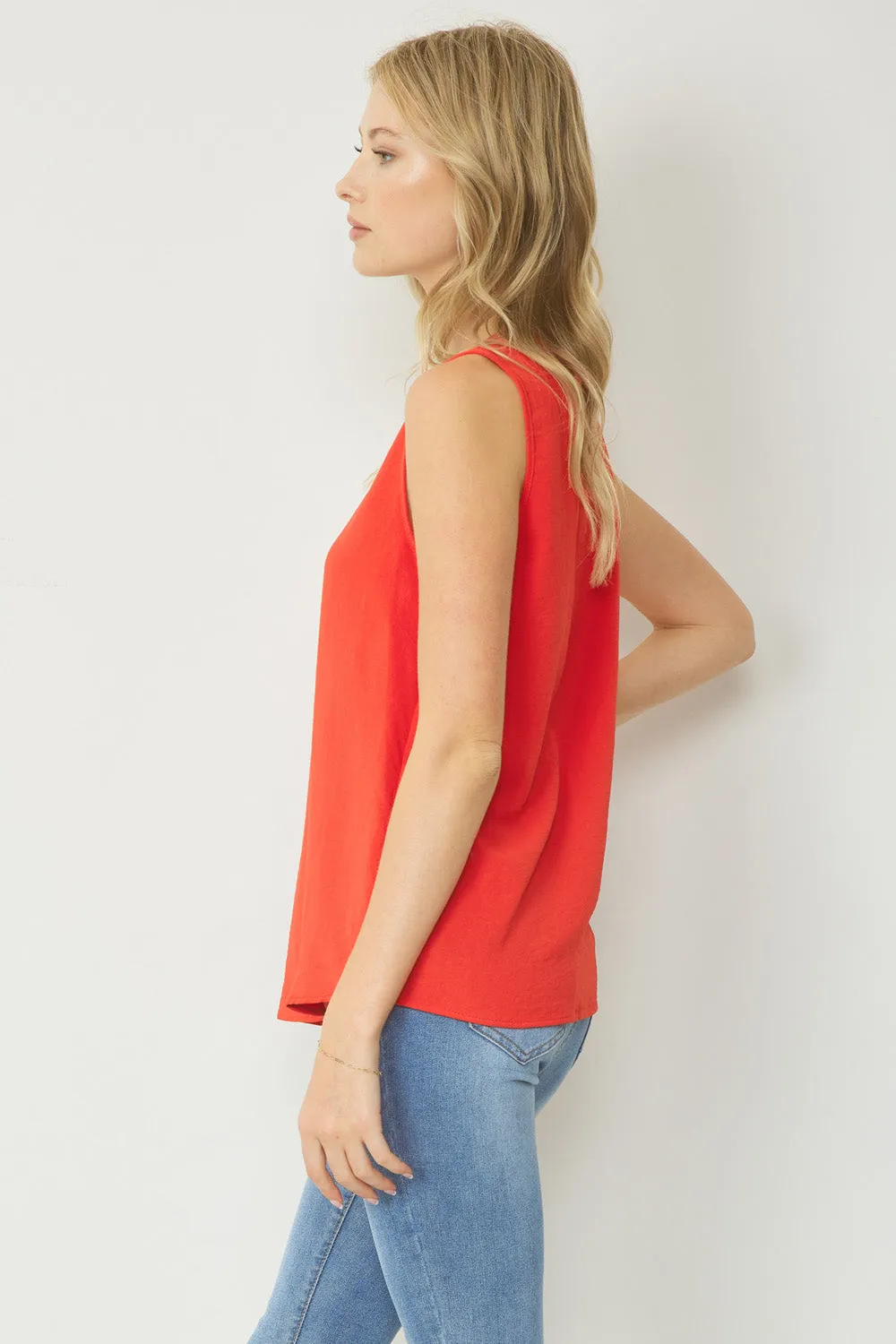 Sleeveless V-Neck Top, Red