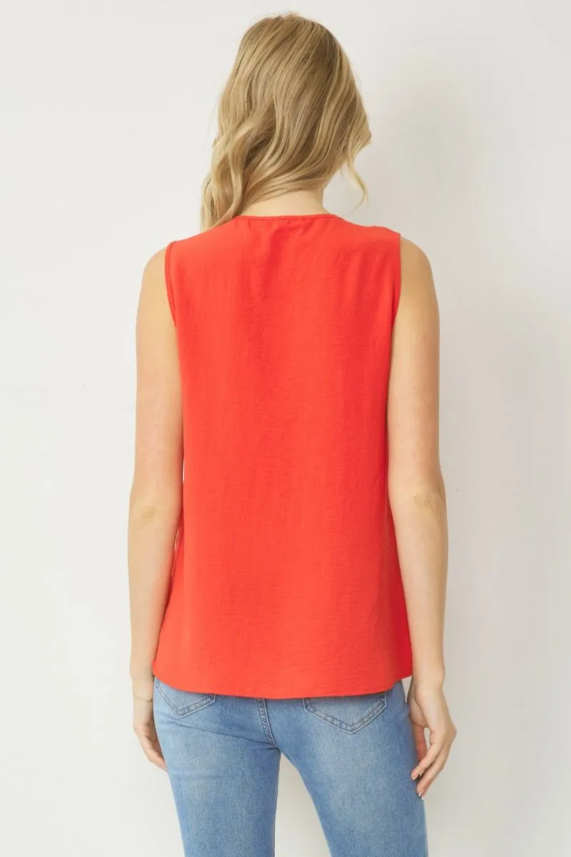 Sleeveless V-Neck Top, Red