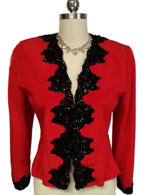 VINTAGE '80s LIAN CARLO NEIMAN MARCUS SCARLET EVENING JACKET ENCRUSTED WITH BLACK CHANTILLY LACE,  SPARKLING SEQUINS & BEADING