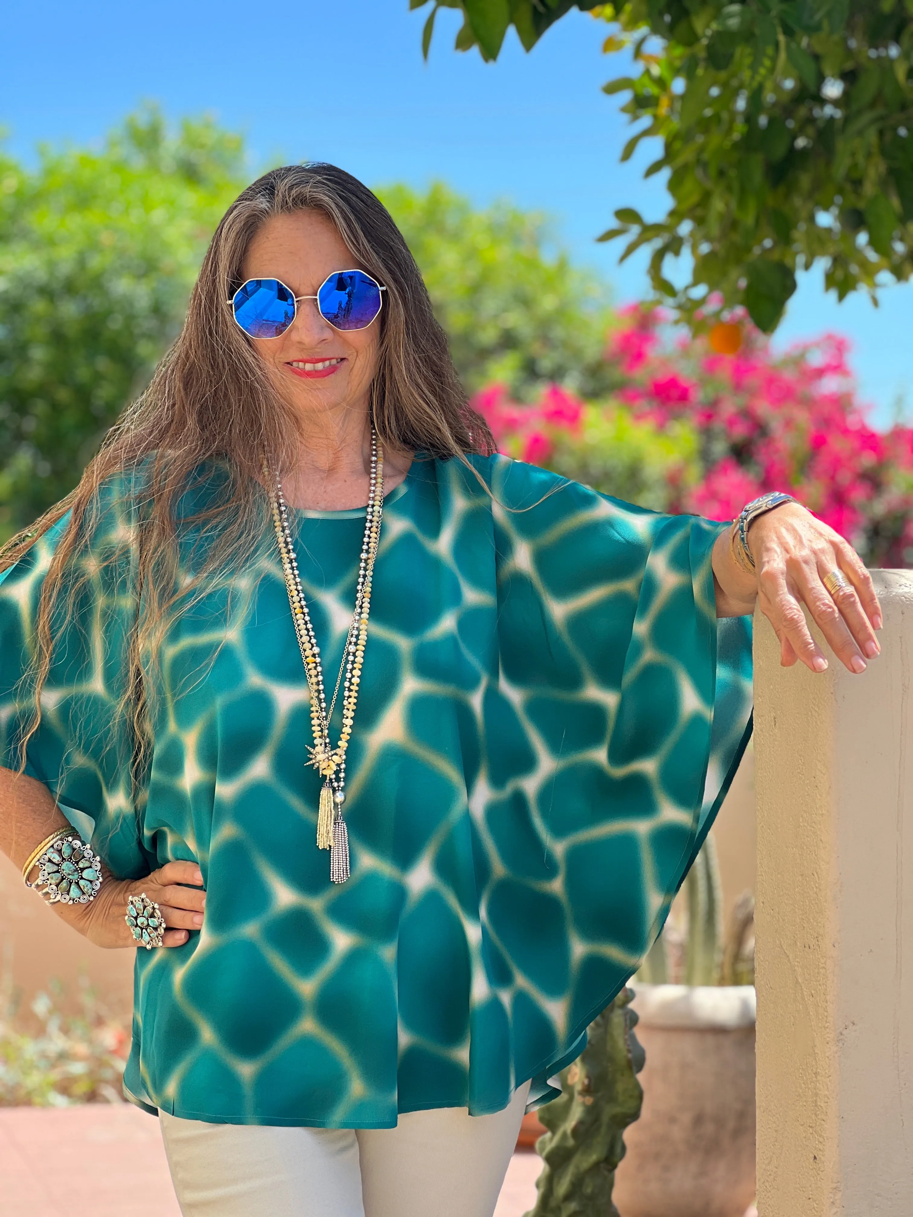 Zirafa Giraffa Teal Poncho Italian Silk