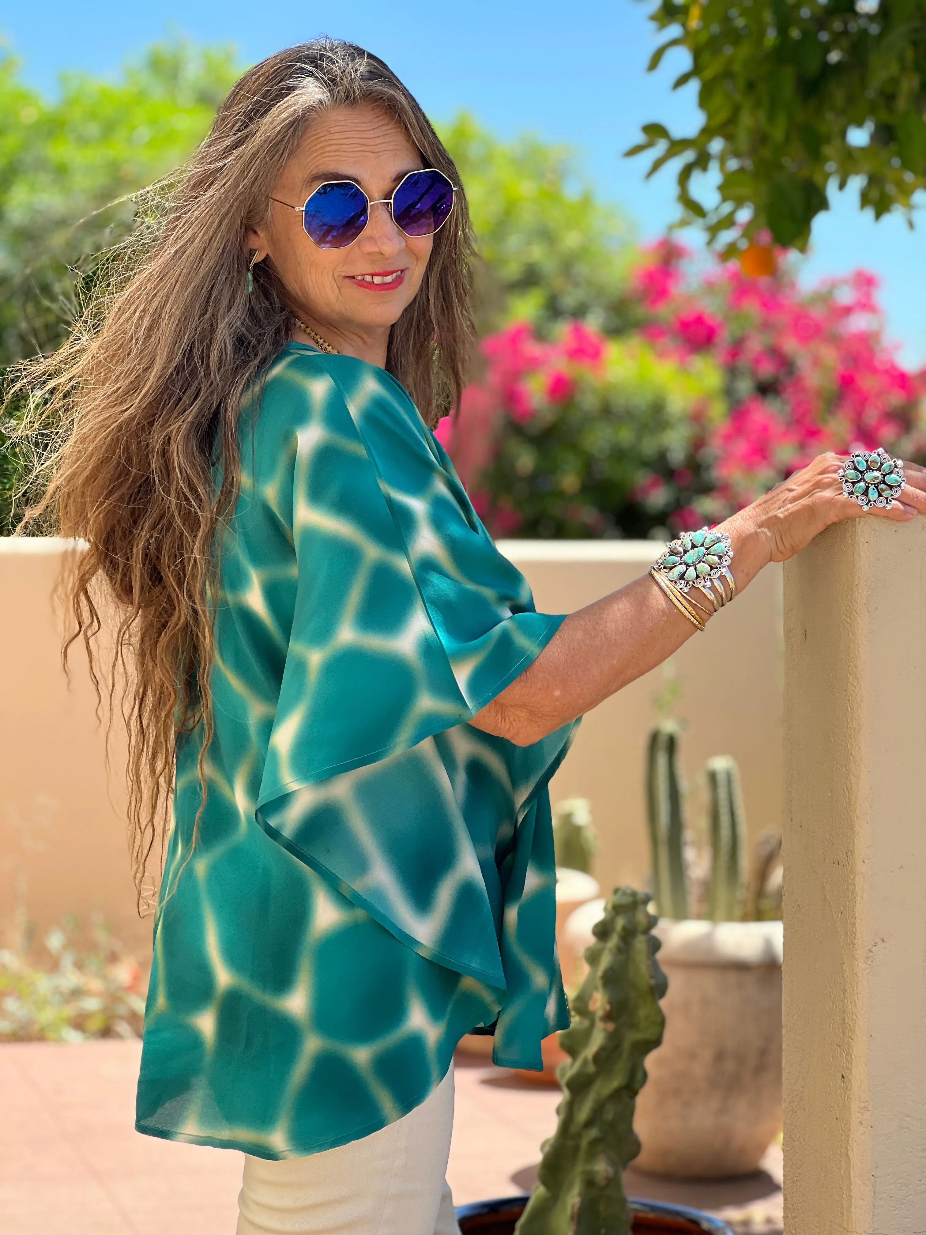 Zirafa Giraffa Teal Poncho Italian Silk